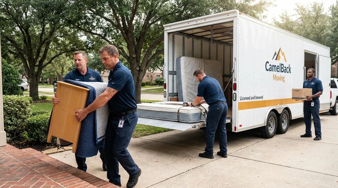 Crew loading residential truck for cross-state move from Florence, OR