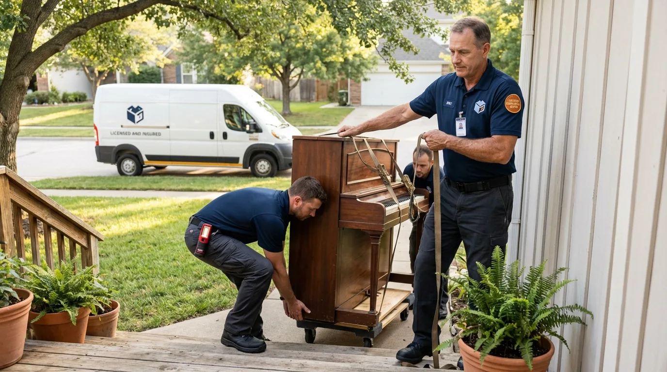 Licensed piano movers securing grand piano in Florence, OR