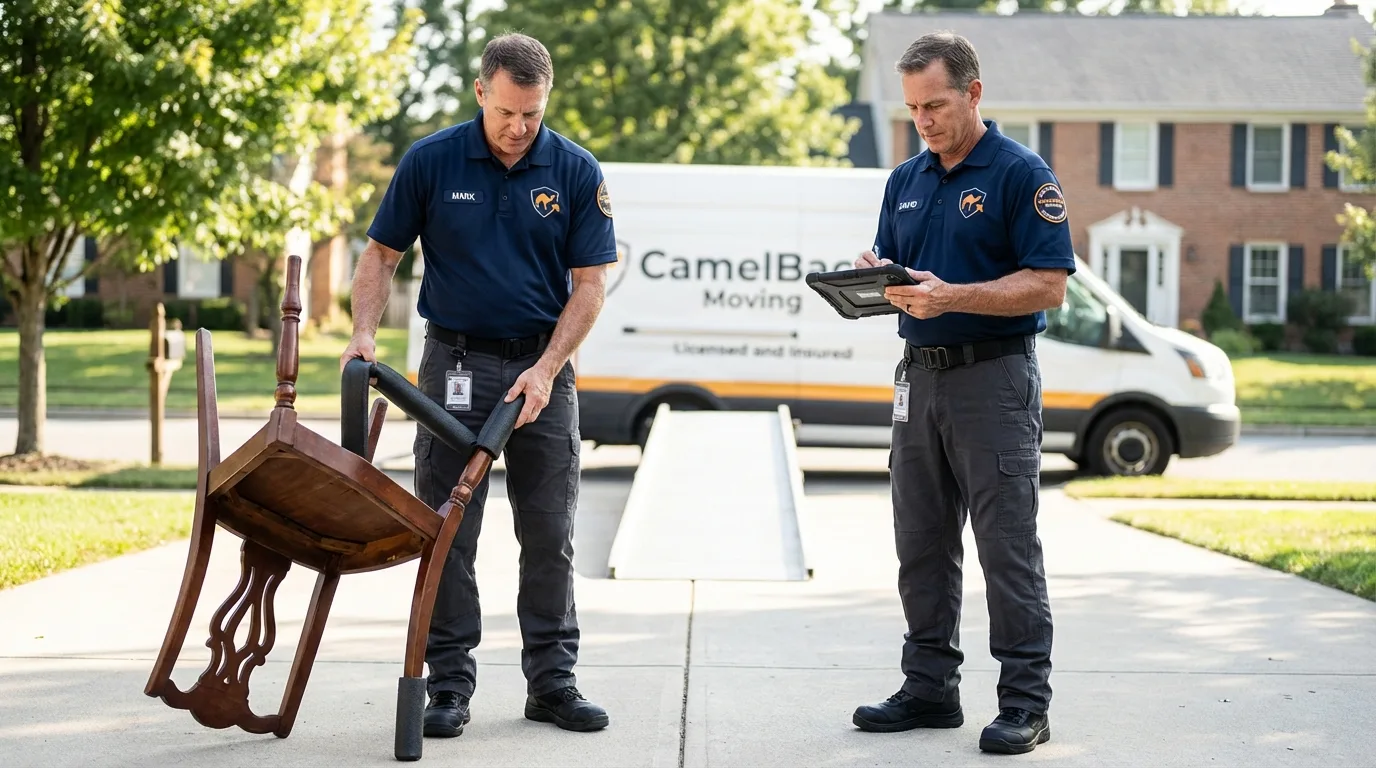 Movers inspecting furniture for damage prevention before loading in Florence, OR